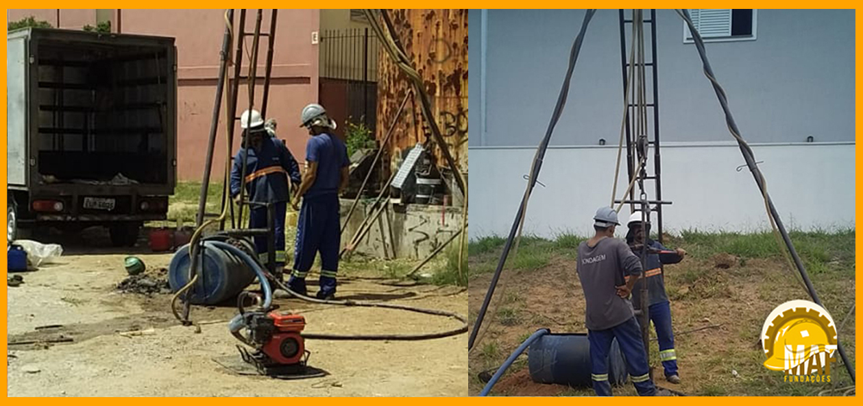 Equipamentos utilizados em sondagem SPT: martelo, hastes, amostrador, cabeça de bater e conjunto de perfuração